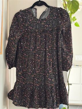 Zara Black Floral Long-Sleeve Kids Dress